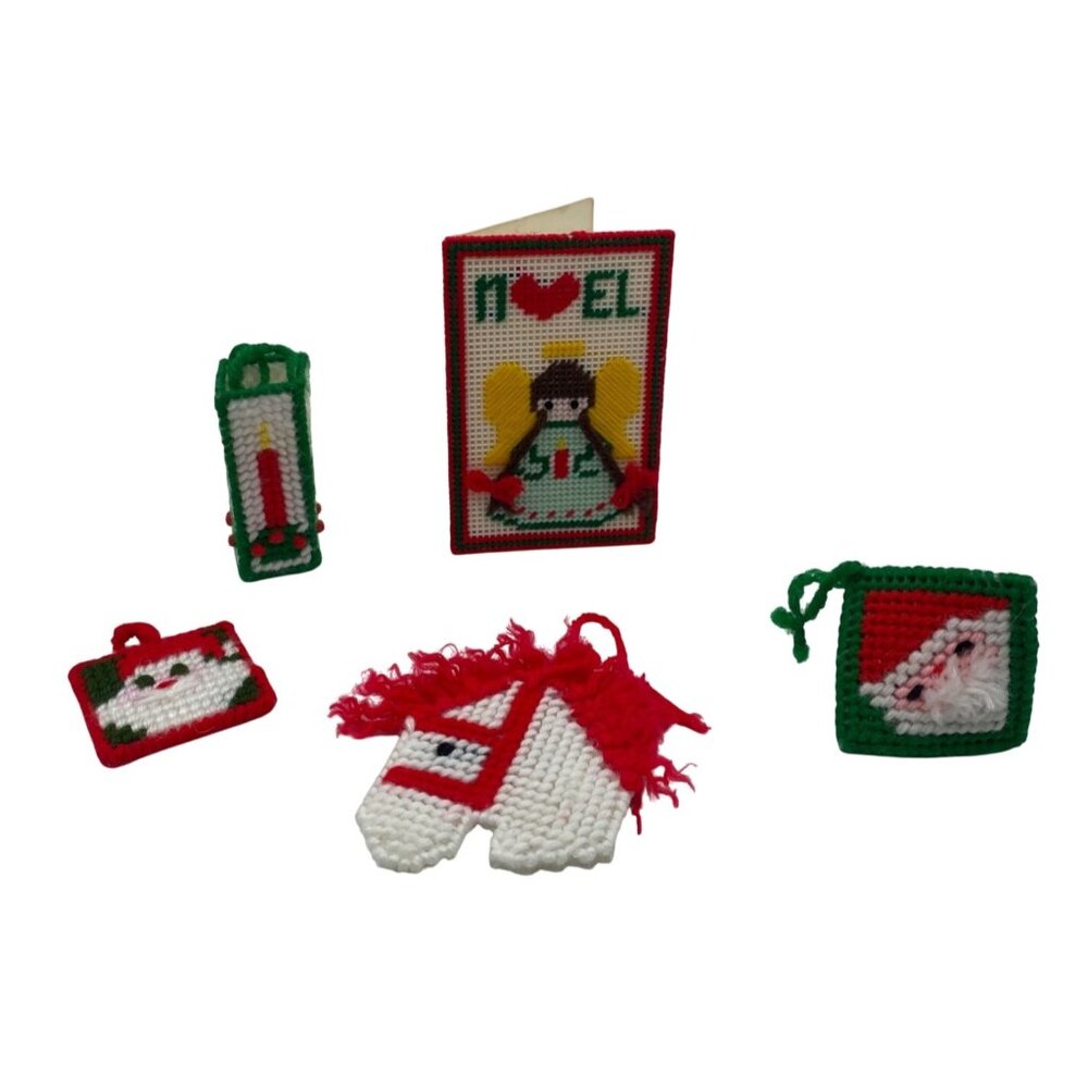 Vintage Handmade Plastic Canvas Christmas Ornaments & Card Set Lot of 5